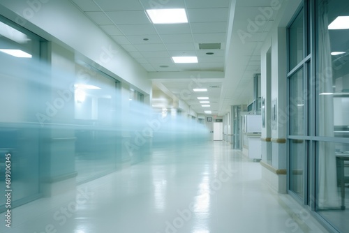 Blurred image of hospital corridor, shallow depth of sharpness, A motion blurred photograph of a hospital interior, AI Generated