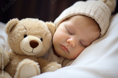 Cute little baby sleeping in bed with teddy bear toy, A newborn baby sleeping with a teddy bear on a comfy white bed, AI Generated