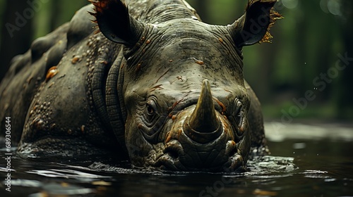 A rhinoceros is submerged in water, looking at the camera against a dark, blurry forest background. A large dangerous animal looks out from the lake