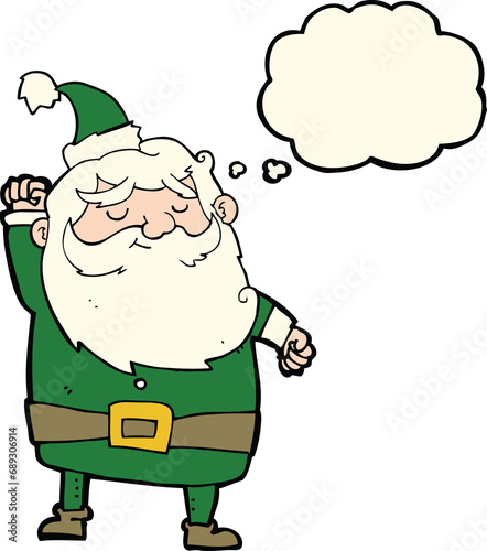 cartoon santa claus punching air with thought bubble