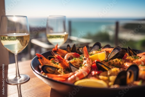 Traditional spanish paella with seafood served in a plate with white wine in a restaurant