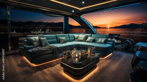 Luxury interior design of modern yacht in style of “Old money”, on the background of the night ocean © mikhailberkut