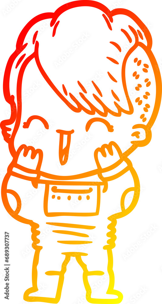 warm gradient line drawing of a cartoon happy hipster girl wearing space suit warm gradient line drawing of a cartoon happy hipster girl wearing space suit