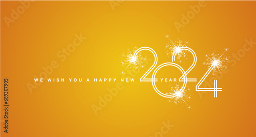 We wish You a Happy New Year 2024 new double line design numbers with white sparkle firework orange yellow background greeting card