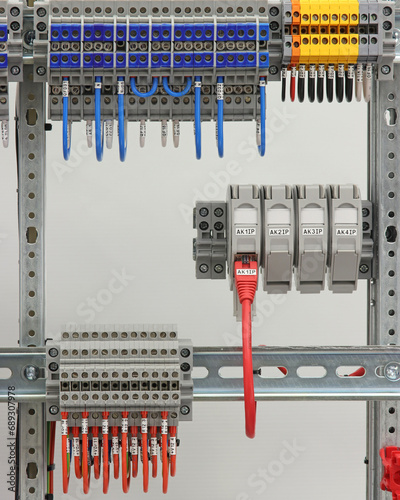 3-level  terminals without grounding contact. Three pass-through connections. A backplane can be connected to the upper pin.  photo