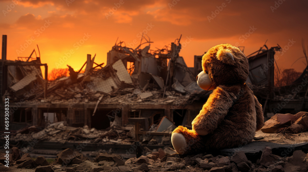 Children's soft toy bear is located among ruins of residential buildings at sunset. Strong, emotional image of consequences of war, reminiscent of vitality and optimism in most difficult situations. - obrazy, fototapety, plakaty 