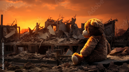 Children's soft toy bear is located among ruins of residential buildings at sunset. Strong, emotional image of consequences of war, reminiscent of vitality and optimism in most difficult situations. photo