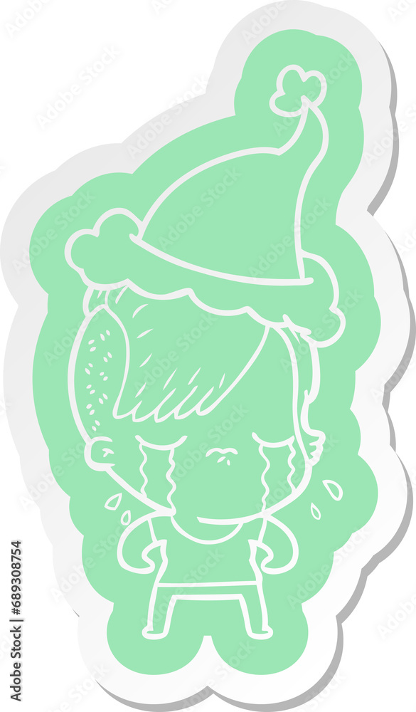 quirky cartoon sticker of a crying girl wearing santa hat quirky cartoon sticker of a crying girl wearing santa hat