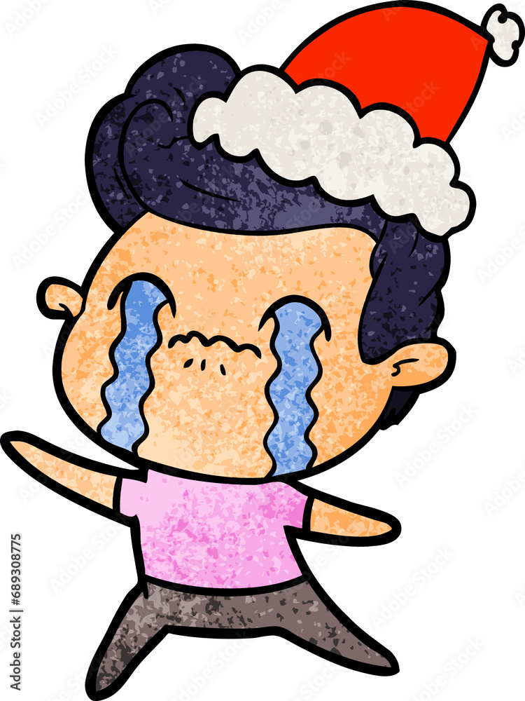 hand drawn textured cartoon of a man crying wearing santa hat