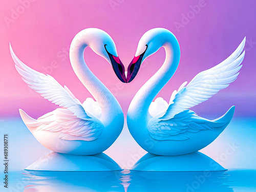 Two swans in love. Minimal 3D illustration, pink and blue colors. Generative AI