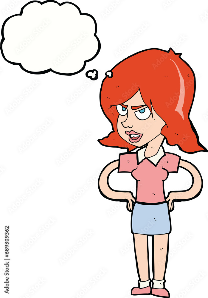 cartoon annoyed woman with hands on hips with thought bubble cartoon annoyed woman with hands on hips with thought bubble