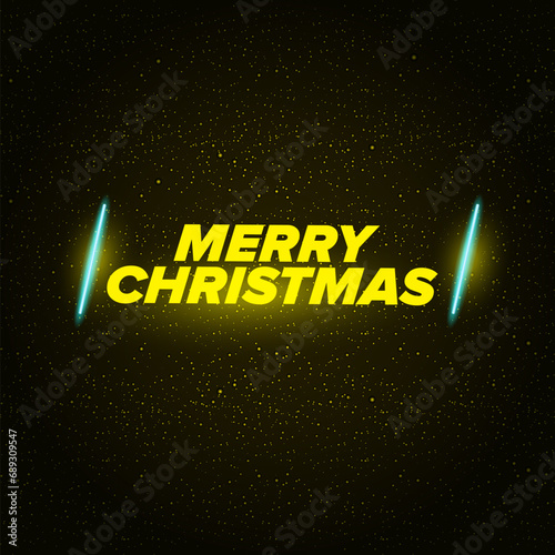 Merry Christmas square banner with neon greeting text and night stars and lights. Merry Christmas flyer, card or invitation with starry space and text photo