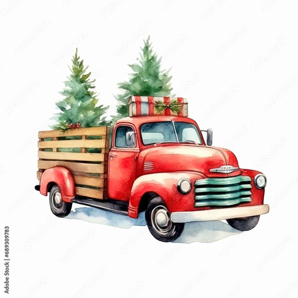 christmas truck with christmas tree on white background