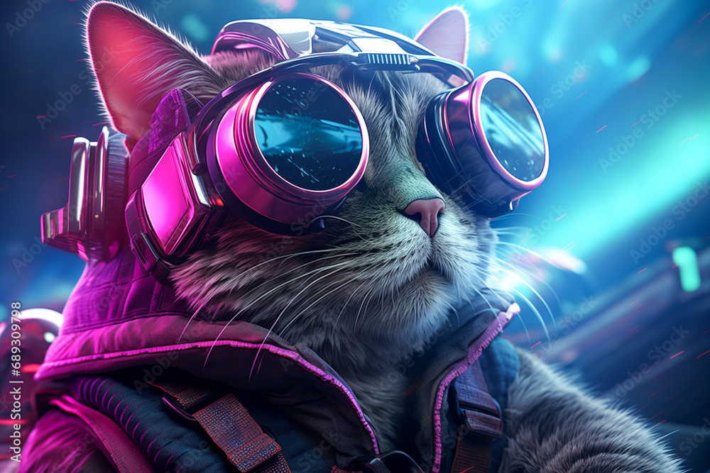Cool Cat Crypto Hacker with Futuristic Goggles Enjoying Neon Lights at a Vibrant Party - obrazy, fototapety, plakaty 