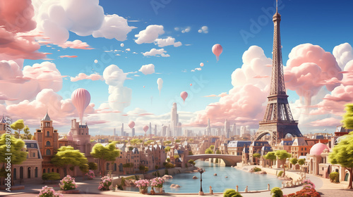 Landscape of Paris city in style of 3D cartoon design 80s © mikhailberkut