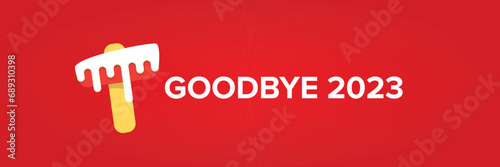 vector goodbye 2023 hello 2024 year vector concept illustration with melt ice cream isolated on horizontal red background. End of the 2023 year horizontal banner background or poster
