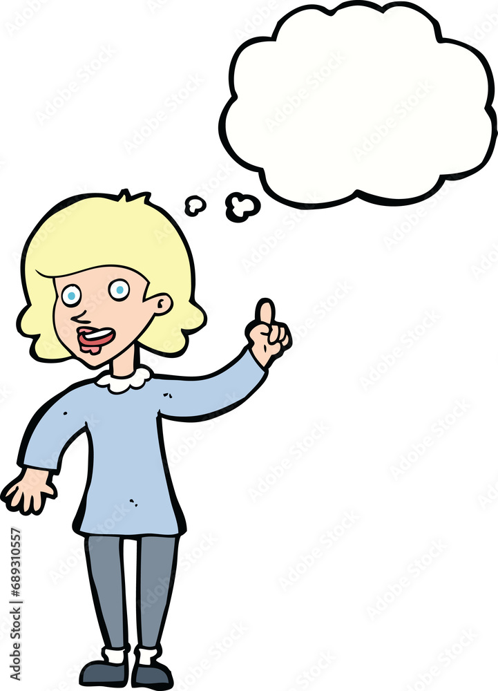 cartoon woman with idea with thought bubble cartoon woman with idea with thought bubble