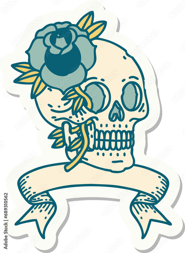 tattoo style sticker with banner of a skull and rose
