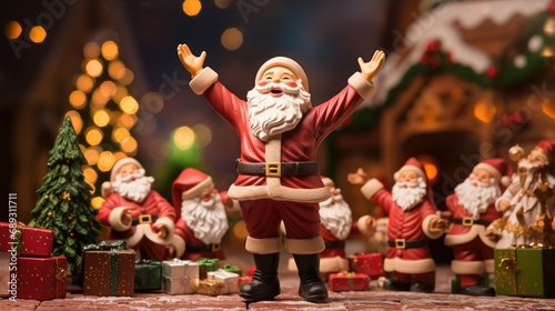 An array of joyful Santa Claus figurines with arms wide open, surrounded by Christmas gifts and a twinkling tree, invites a festive spirit into this charming holiday display
