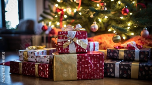 A collection of wrapped Christmas presents sits snugly under a festively decorated tree, with the soft glow of the lights providing a warm ambiance to the holiday setting.