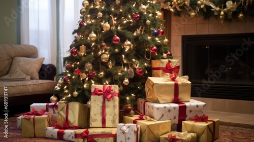 An inviting Christmas scene with elegantly wrapped presents beneath a beautifully adorned tree, the twinkling lights, and garlands enhancing the cozy and celebratory atmosphere.