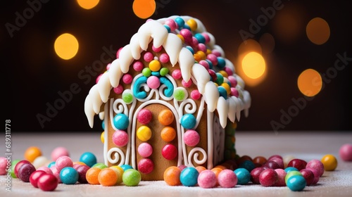 A whimsical gingerbread house with intricate icing details and a colorful candy facade, highlighted by soft sugar dusting and ambient festive lighting, captures the essence of holiday magic and creati