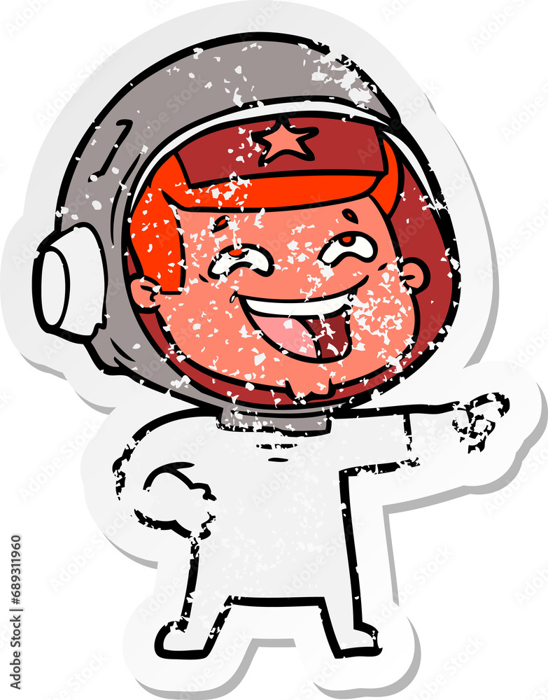 distressed sticker of a cartoon laughing astronaut