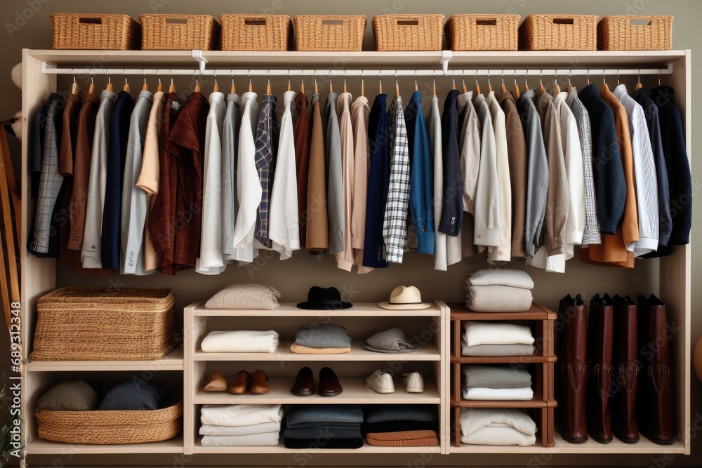 Exceptionally Organized Man's Wardrobe. Home Organization and Neatness Concept