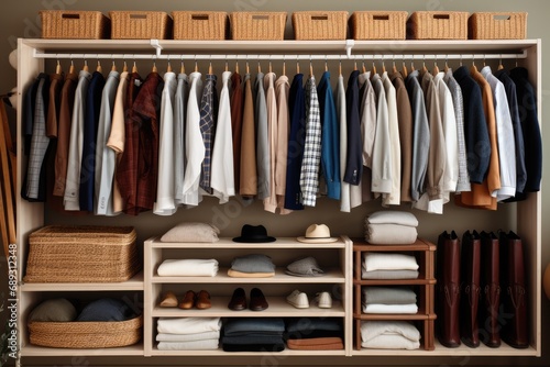 Exceptionally Organized Man's Wardrobe. Home Organization and Neatness Concept