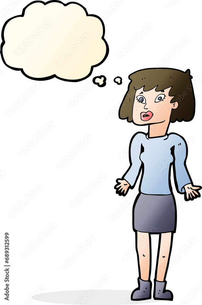 cartoon woman shrugging shoulders with thought bubble cartoon woman shrugging shoulders with thought bubble