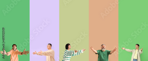 Set of hugging people on co...