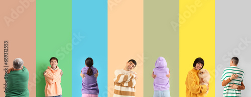 Collage of hugging people on color background photo