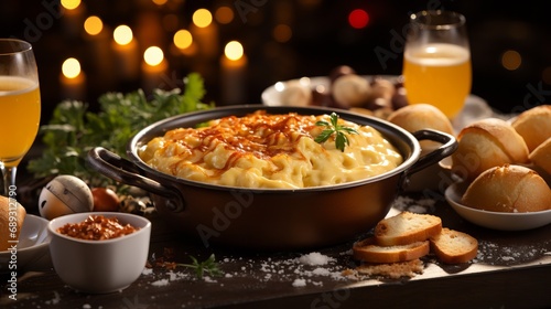 Cheese fondue in a ceramic pot. Melted cheese in a plate with croutons. Cheese plates, fatty snacks for holiday feasts
