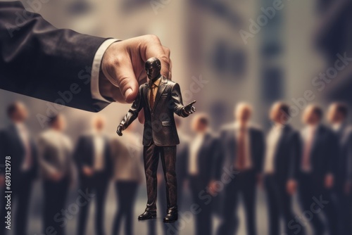 A hand is holding a small figurine of a man dressed in a suit. This image can be used to represent concepts such as success, leadership, business, or personal growth