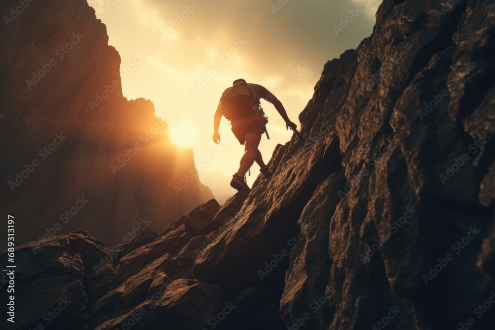 A man is seen climbing up a steep mountain at sunset. This image can be used to represent determination, adventure, and the pursuit of goals