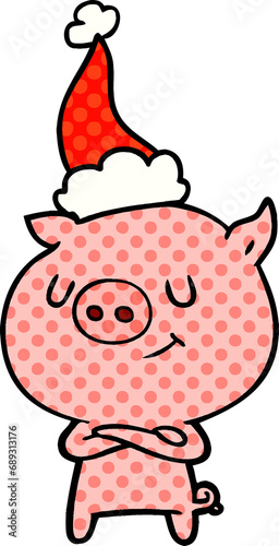 happy hand drawn comic book style illustration of a pig wearing santa hat
