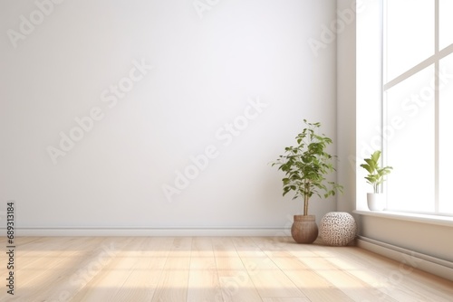 A simple and minimalistic image of an empty room with a potted plant placed in front of a window.