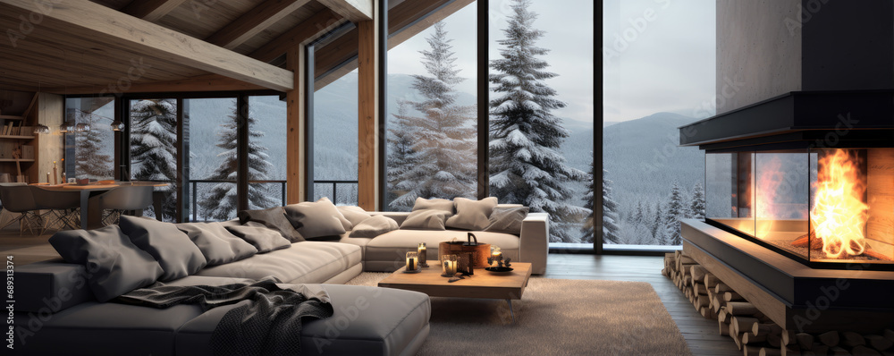 Winter modern living room with big windows and cozy atmosphere. Winter modern living room with big windows and cozy atmosphere.