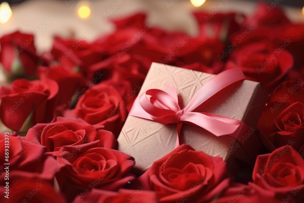 A box with a pink ribbon is surrounded by beautiful red roses. Perfect for gifting and expressing love A box with a pink ribbon is surrounded by beautiful red roses. Perfect for gifting and expressing love