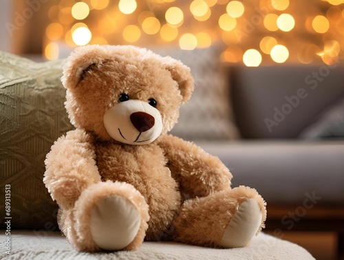 AI-generated illustration of a light brown teddy bear sitting on a soft