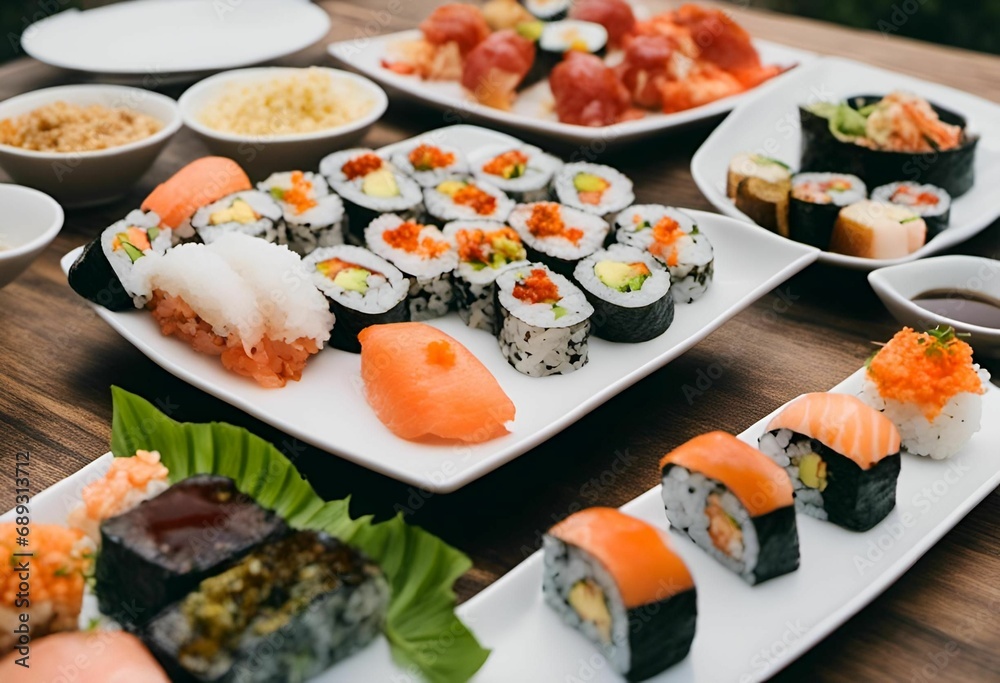 AI-generated illustration of a selection of sushi on white plates arranged on a wooden table AI-generated illustration of a selection of sushi on white plates arranged on a wooden table