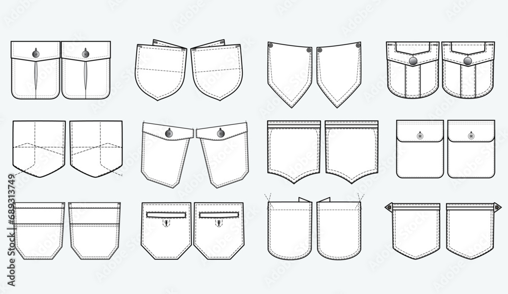 Jeans and denim Patch pocket flat sketch vector illustration set, different types of Clothing Pockets for jeans pocket, sleeve arm, cargo pants, dresses, bag, garments, Clothing and Accessories Jeans and denim Patch pocket flat sketch vector illustration set, different types of Clothing Pockets for jeans pocket, sleeve arm, cargo pants, dresses, bag, garments, Clothing and Accessories