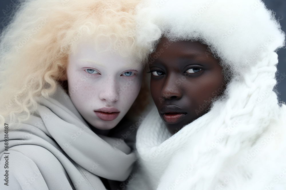 Beauty portrait of two women outside on a winter day