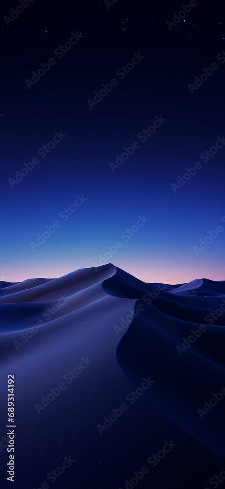 sand dunes desert, dark night, deep blues, aerial photography, wallpaper, layers, distant horizon created with Generative Ai