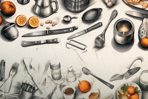 A drawing of a table with utensils and oranges. Suitable for kitchen decor or food-related projects