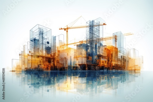 A cityscape image featuring a prominent crane in the background. Suitable for construction, urban development, and city life themes