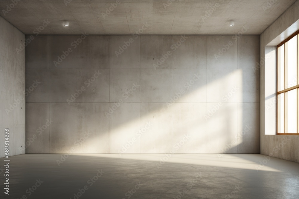 An empty room with concrete walls and a large window. Ideal for showcasing minimalistic design or as a blank canvas for creative projects - obrazy, fototapety, plakaty 