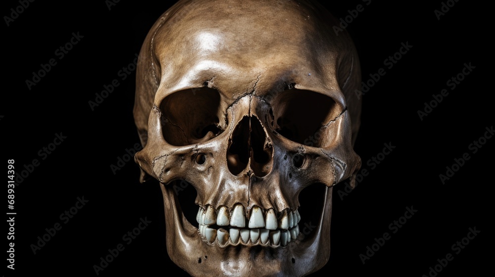 Fototapeta premium A close-up view of a human skull on a black background. Perfect for Halloween or spooky-themed projects