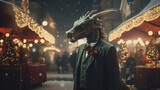 Dragon enjoying the Christmas market at night in the city. Festive atmosphere. Happy New Year greetings.