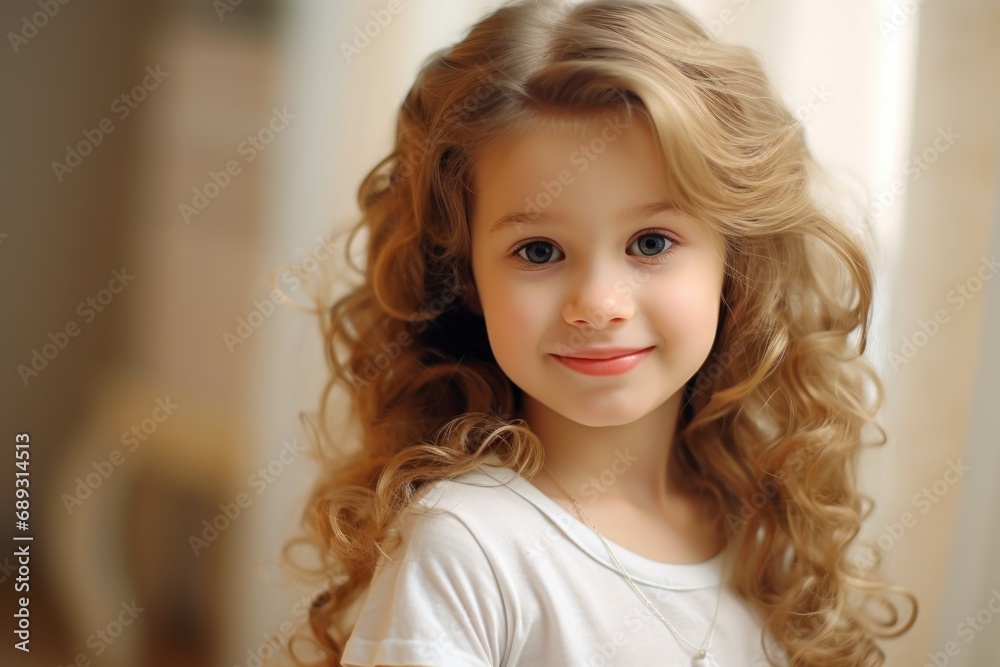 A picture of a little girl with long curly hair wearing a white shirt. Perfect for capturing the innocence and beauty of childhood. A picture of a little girl with long curly hair wearing a white shirt. Perfect for capturing the innocence and beauty of childhood.
